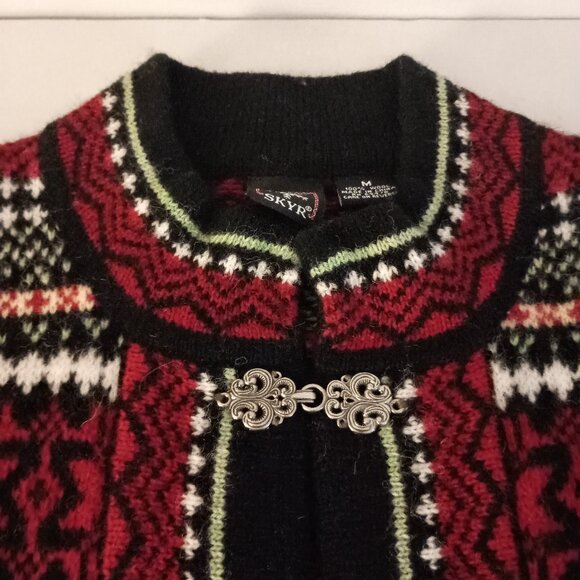 Skyr Red Wool Fair Isle Cardigan Sweater w/ Ornate Metal Clasps Women's Medium - Picture 7 of 15